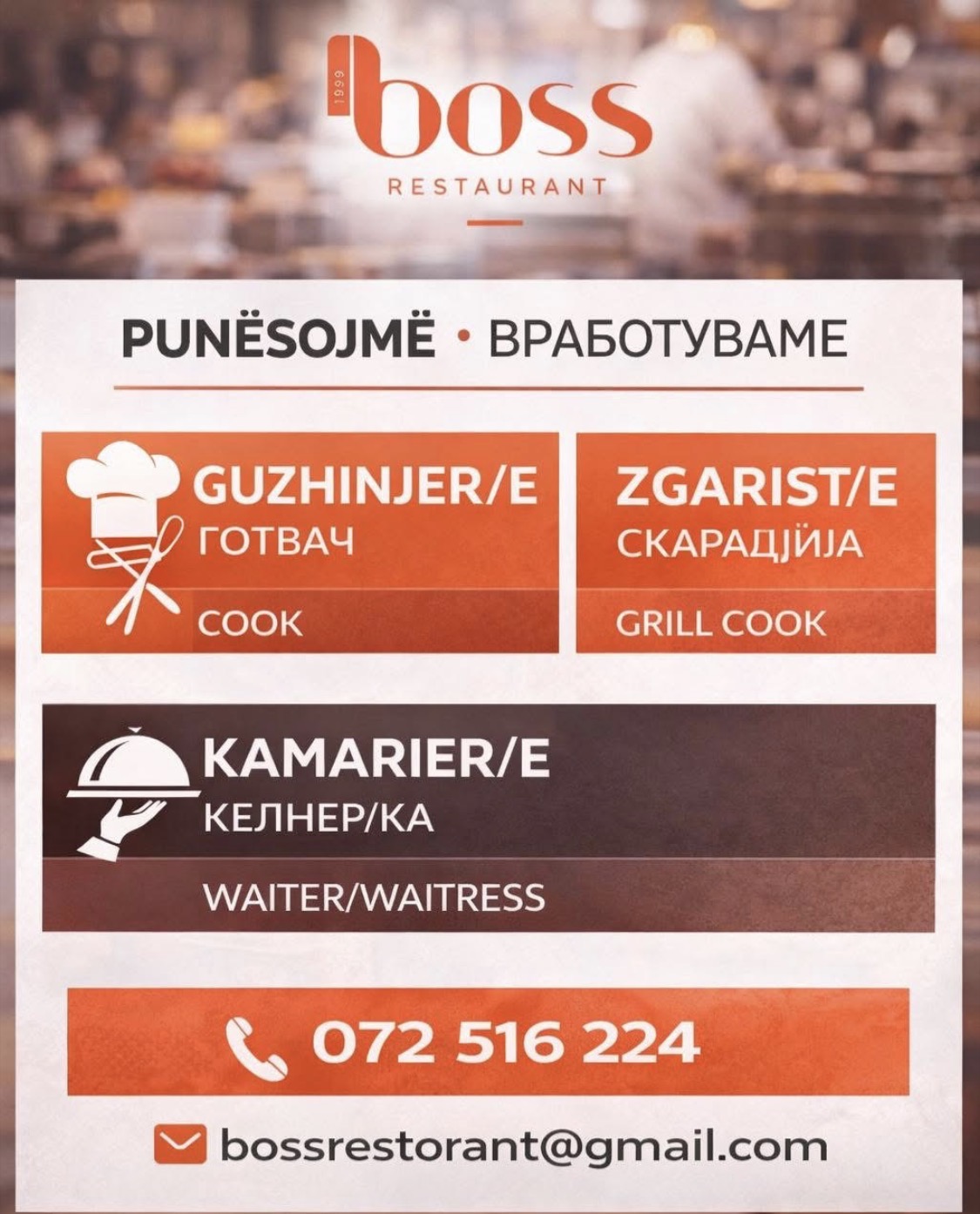 Boss Restaurant hap vende të reja pune – kërkohen guzhinierë, zgaristë dhe kamarierë